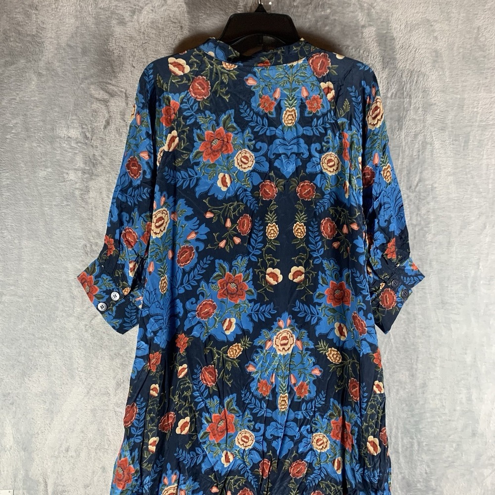 Farm Rio Women's Dress XL Arabesque Floral Blue Maxi Button Shirt‎ 3/4 Sleeve - Picture 3 of 15